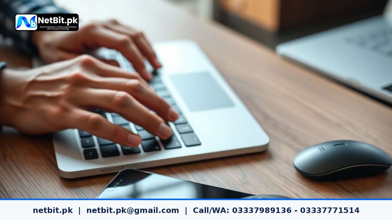 Close-up of a software developer's hands typing on a laptop keyboard beside a smartphone on an office desk