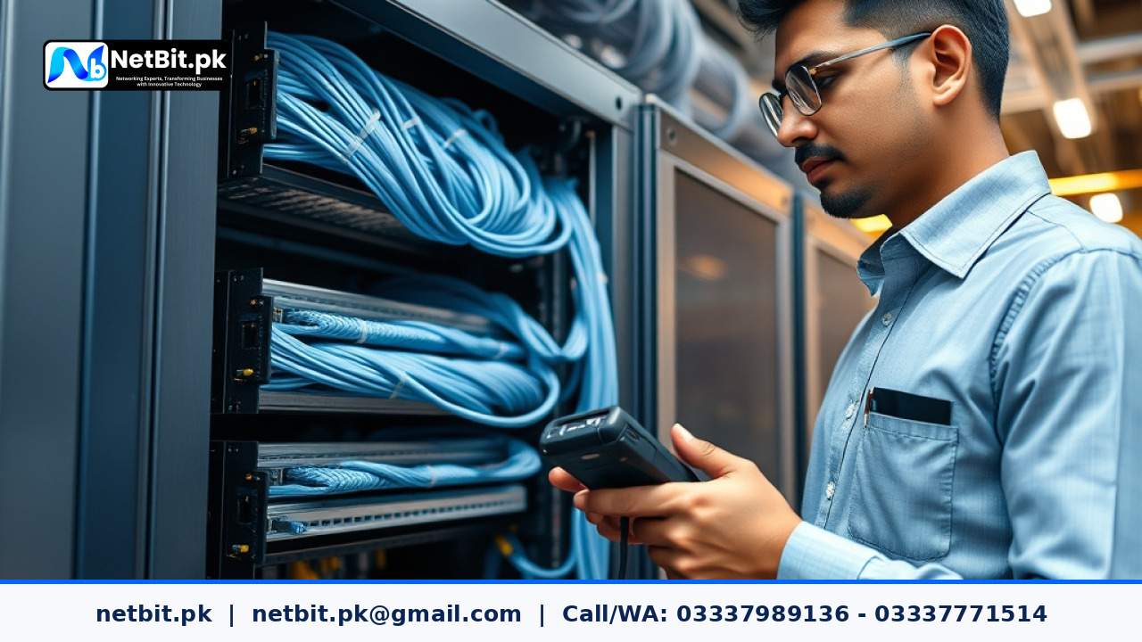 Cleanly organized office server rack with neatly routed blue and white Cat6 network cables and patch panels in an IT infrastructure room.