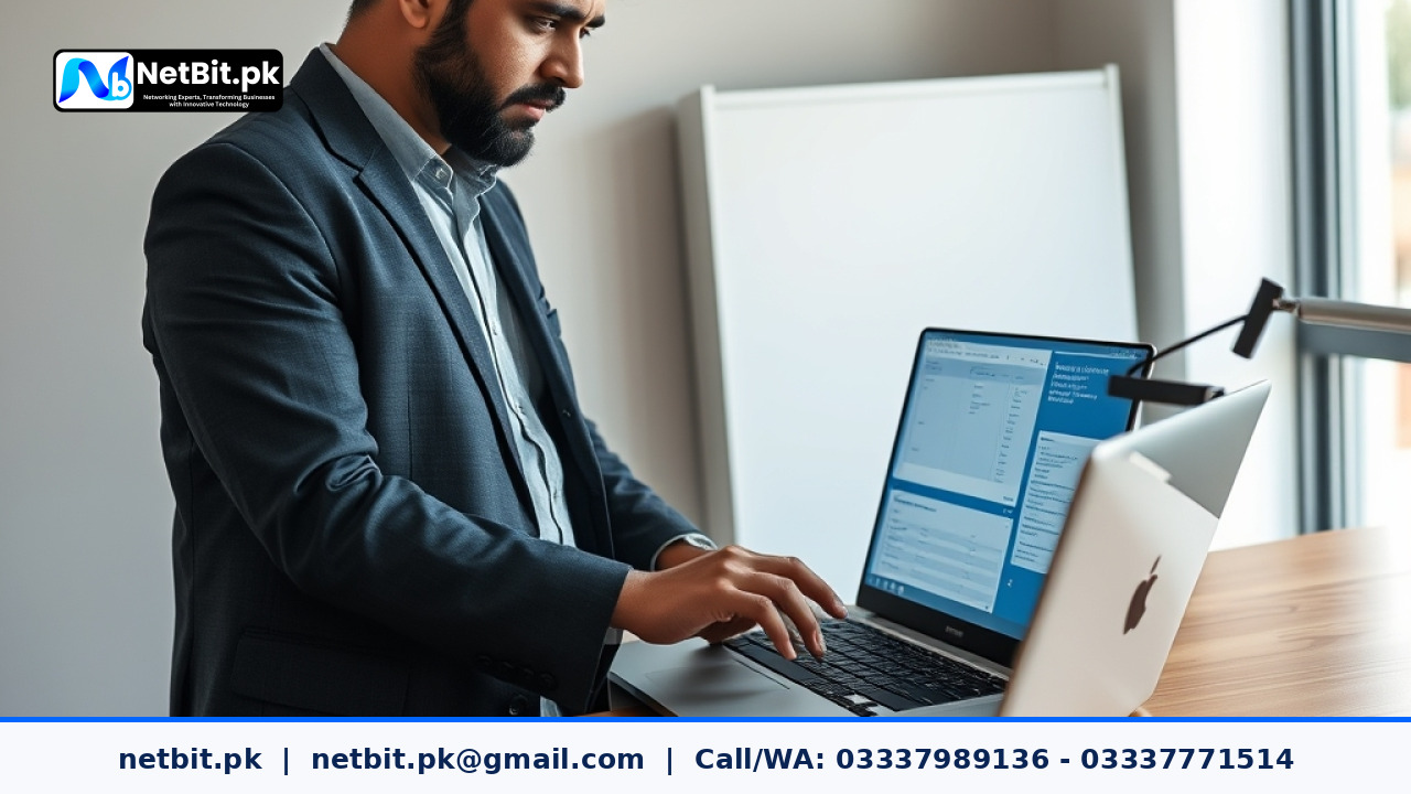 Office manager and IT specialist reviewing an automated business workflow software on a laptop in a Pakistani office