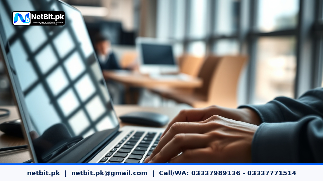NetBit technician working on software development and network configuration setup in office