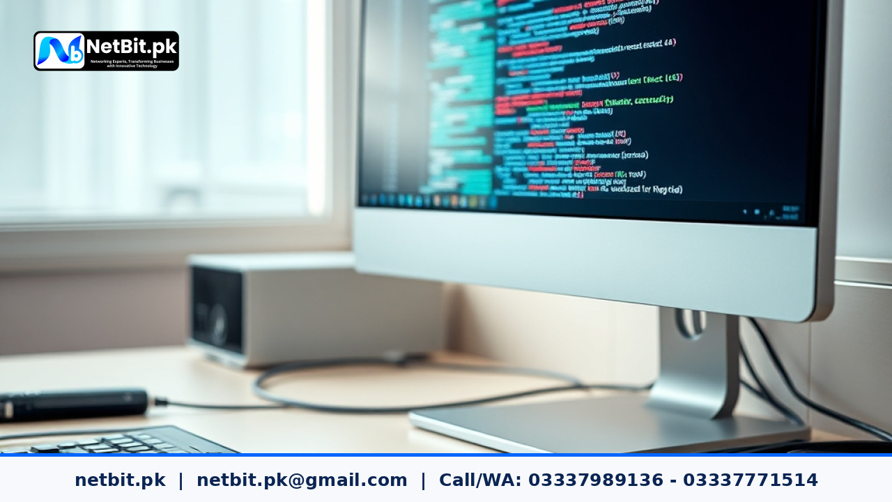 Office computer displaying software code and configuration settings for AI agent development