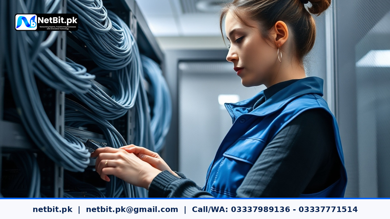 Technician inspecting server rack cables during scheduled maintenance service | NetBit Software House and Technology | netbit.pk