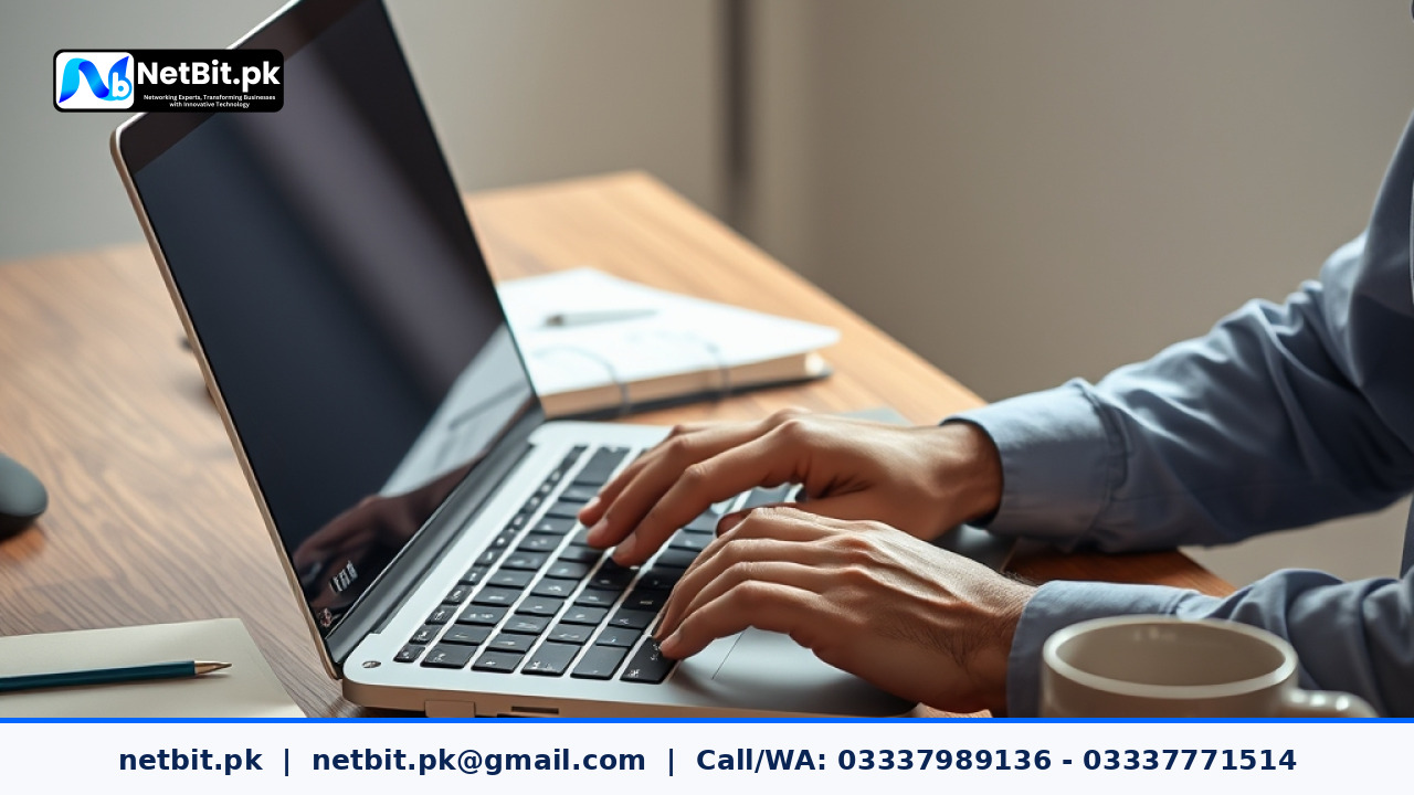 Software developer at a clean wooden desk typing on a modern laptop configuring custom AI agent architecture in a bright office environment
