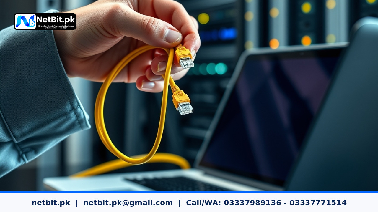 Network technician hands testing network cabling and diagnostic equipment on a clean office workbench | NetBit Software House and Technology | netbit.pk
