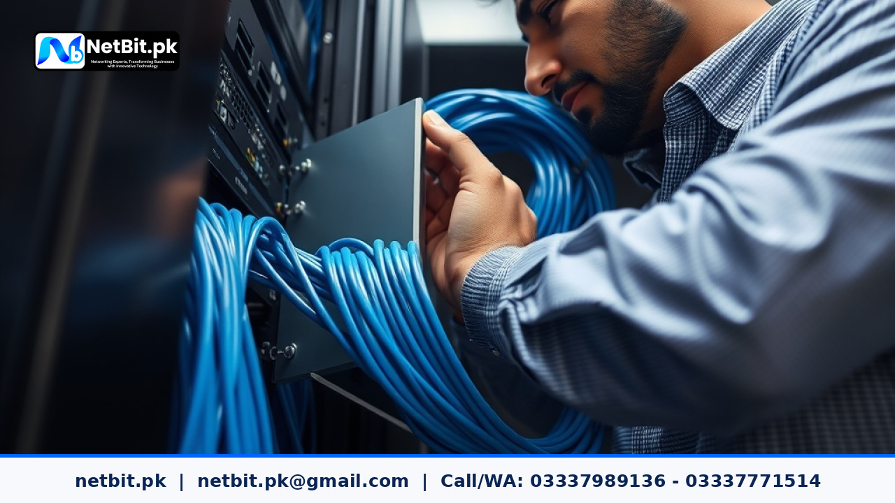 IT technician rack mounting a business server unit inside an office network cabinet