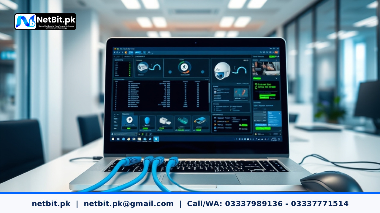 Professional IT technician configuring IP CCTV security cameras and network switches in a modern office