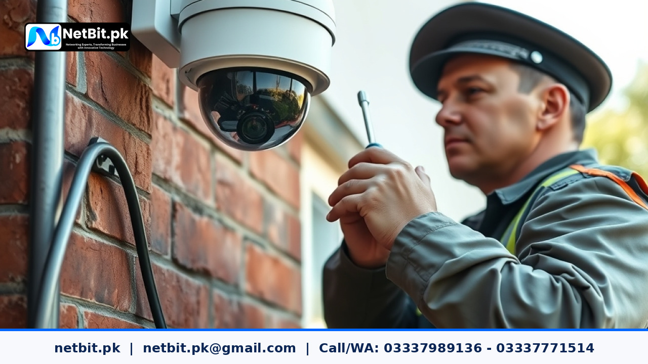 Technical worker mounting a white outdoor dome CCTV camera on a wall with neat Cat6 cabling | NetBit Software House and Technology | netbit.pk