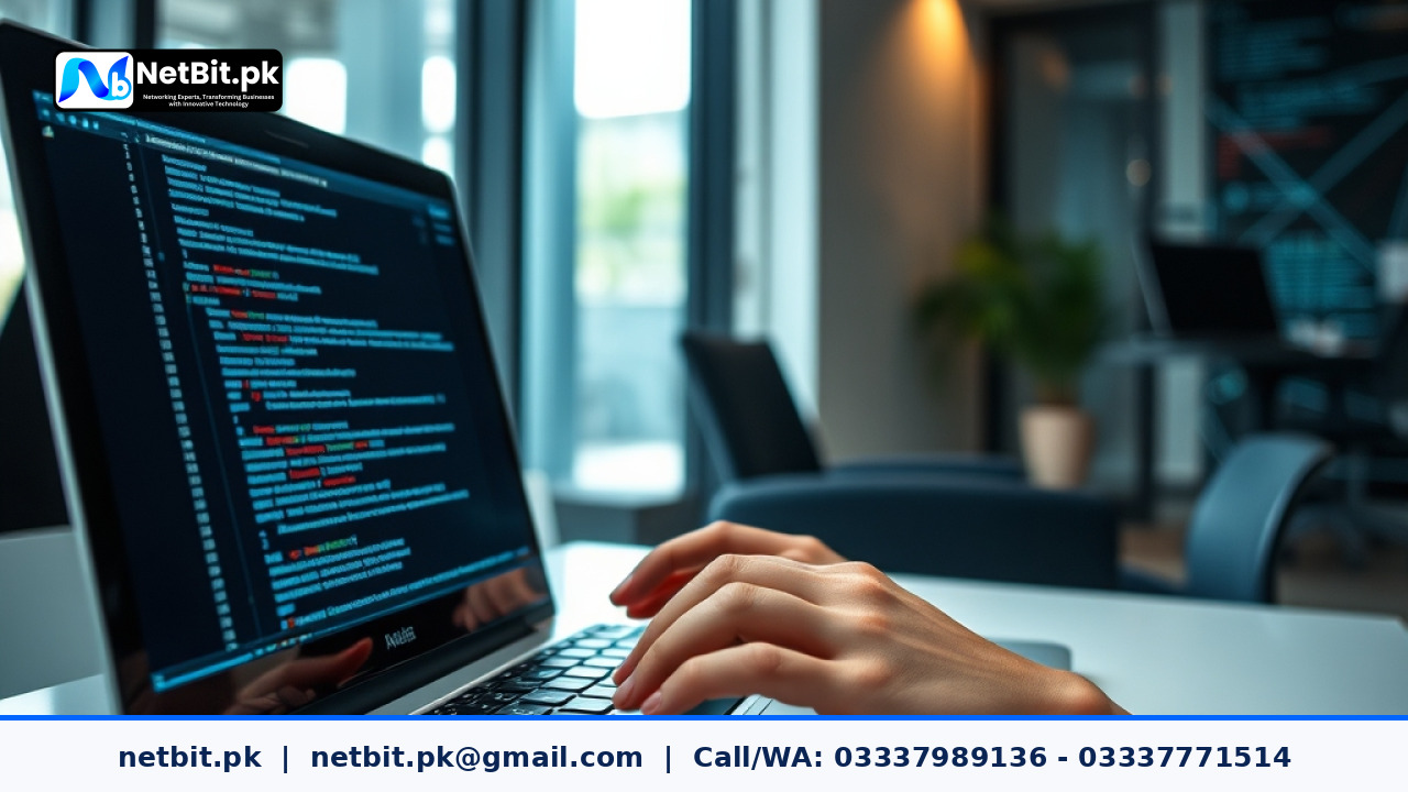 Professional web developer working on dual monitors writing clean code in an office | NetBit Software House and Technology | netbit.pk