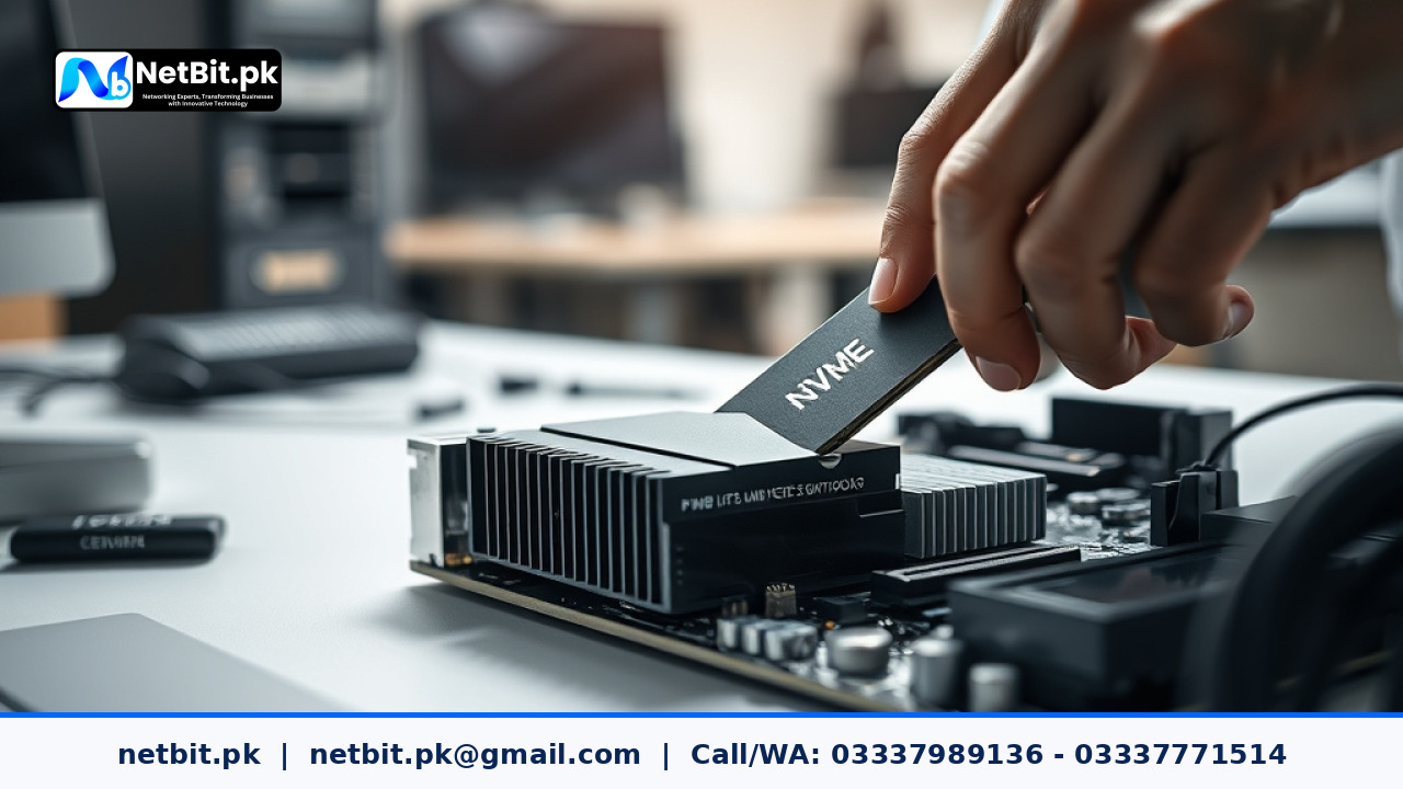 Close-up photograph of an IT technician installing an M.2 NVMe storage drive onto a desktop computer motherboard