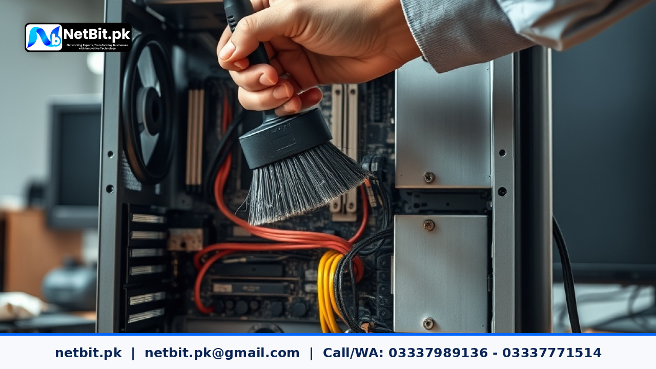 IT technician inspecting desktop computer system components on a wooden workstation | NetBit Software House and Technology | netbit.pk