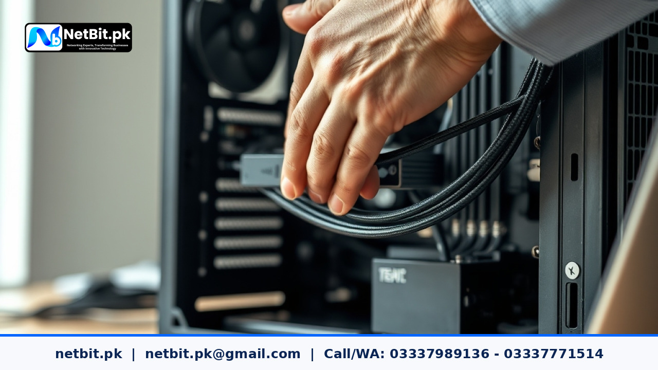 IT technician servicing an open desktop computer system in a modern office setup | NetBit Software House and Technology | netbit.pk