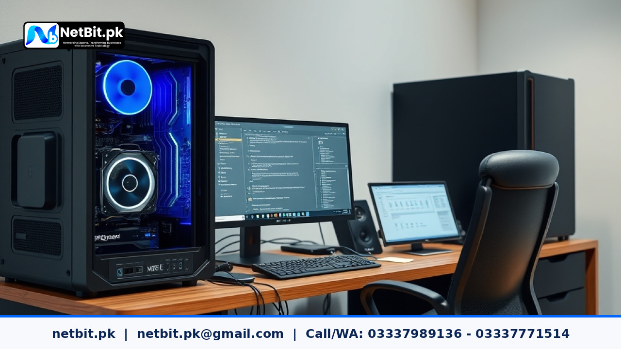 Clean and modern office workspace featuring computer systems undergoing routine technical maintenance and driver checks.