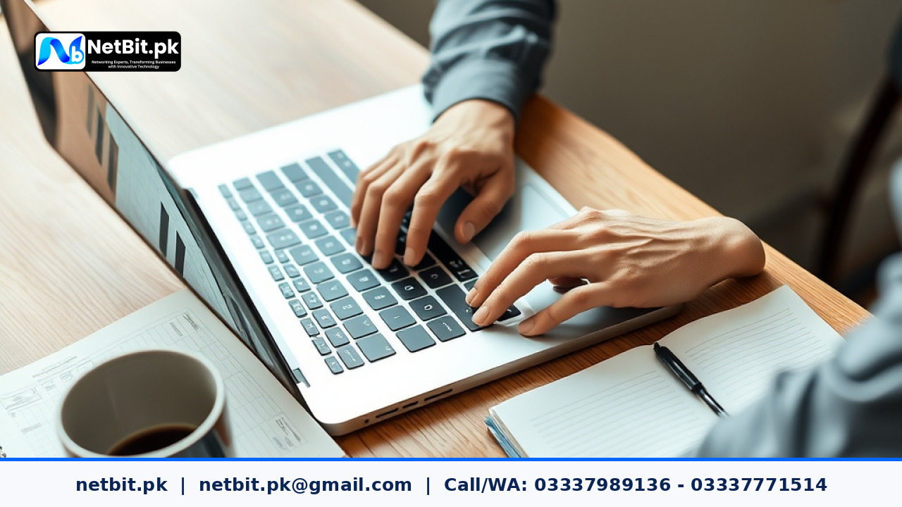 Software developer working on an AI agent development project on an aluminum laptop in a modern office
