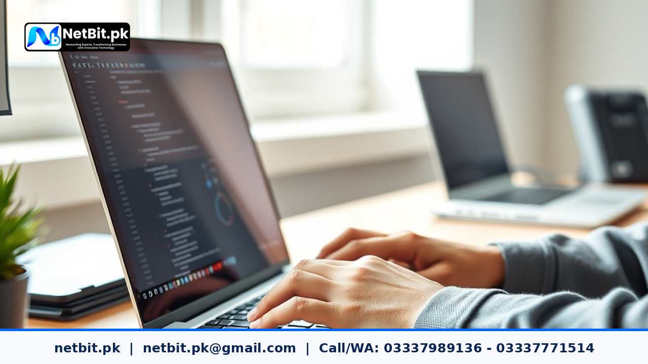 Software developer writing code on a modern laptop in a professional office environment