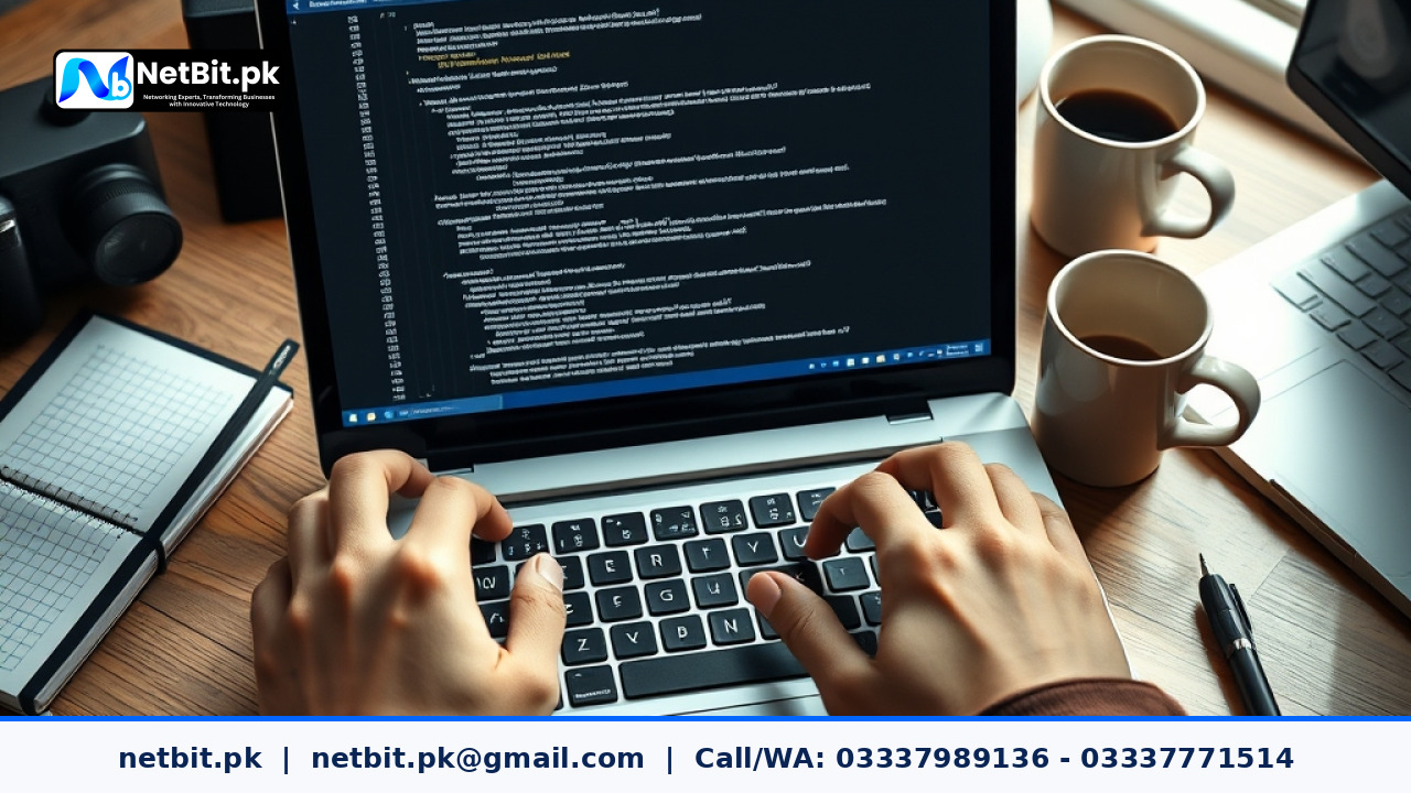 Software developer at NetBit working on custom web code on a laptop in a modern office setup in Pakistan. | NetBit Software House and Technology | netbit.pk