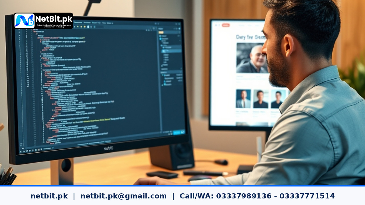 A software developer working on clean responsive website code and layouts on dual monitor displays in a modern technology office.
