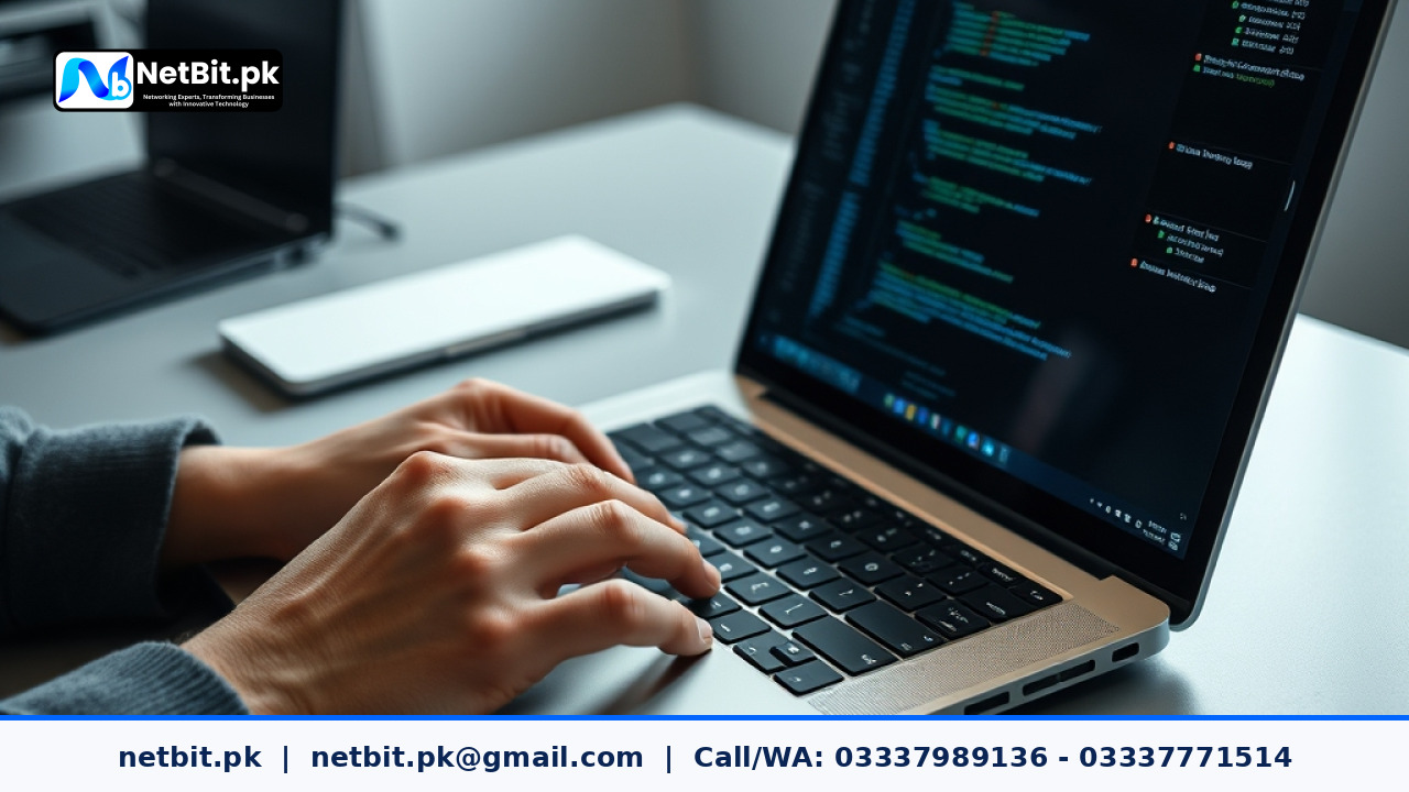 Professional developer working on AI agent automation code at a workstation in NetBit office | NetBit Software House and Technology | netbit.pk