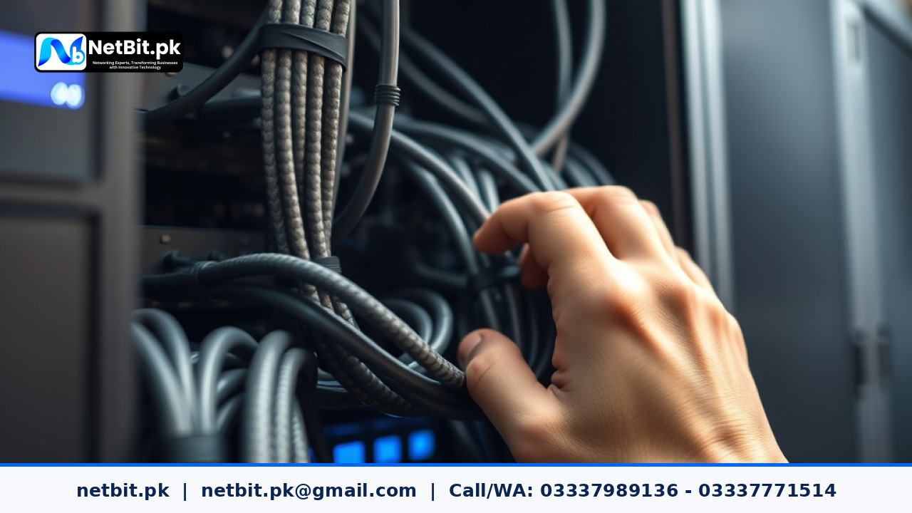 Network technician testing connection speeds and managing cables in a modern Pakistani office | NetBit Software House and Technology | netbit.pk