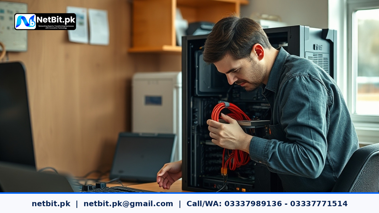 Technician assembling business computer systems in an office environment | NetBit Software House and Technology | netbit.pk
