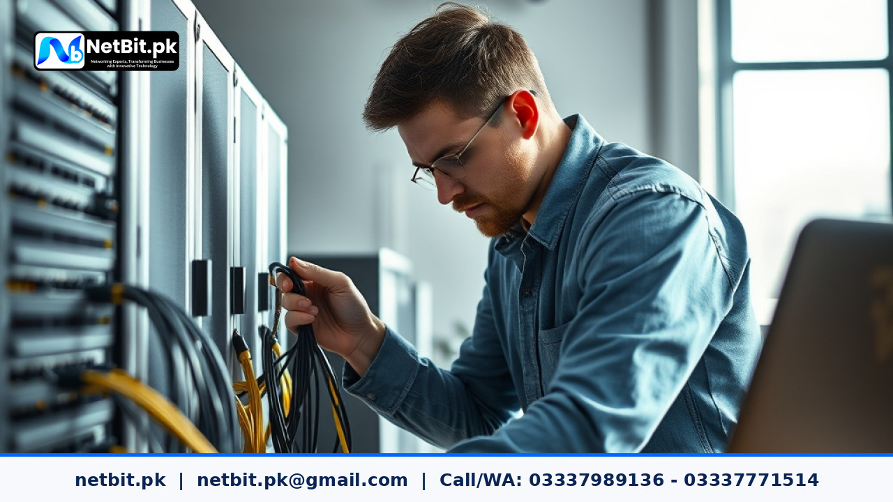 NetBit technicians working on server and network infrastructure in an office | NetBit Software House and Technology | netbit.pk