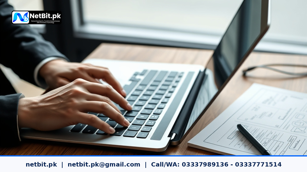 Software developer hands working on modern laptop writing custom application code on office desk | NetBit Software House and Technology | netbit.pk