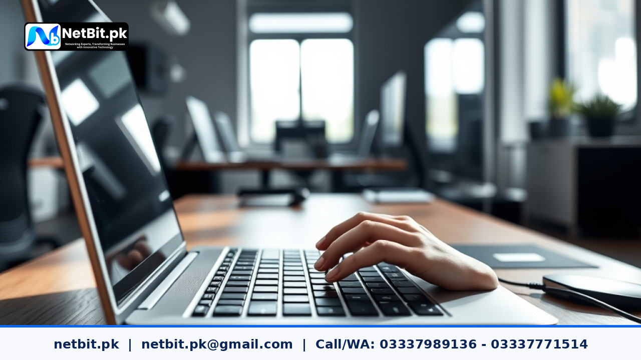NetBit software developer writing code on a laptop in an office workspace | NetBit Software House and Technology | netbit.pk