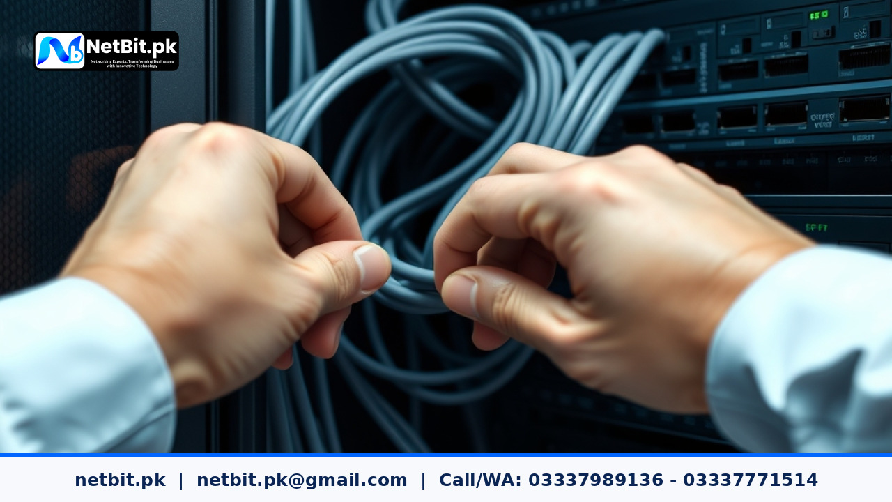 NetBit technicians working on professional network cabling and custom software deployment | NetBit Software House and Technology | netbit.pk