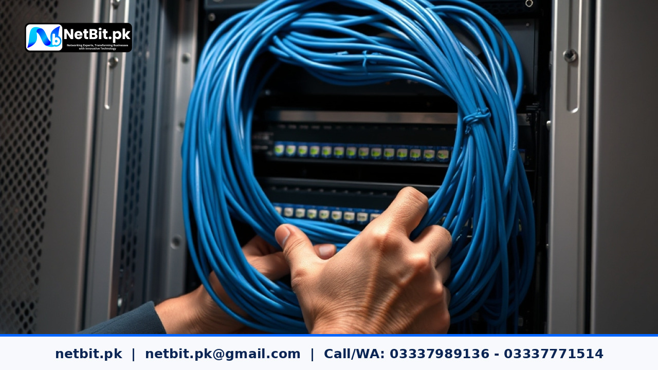 Professional technician organizing network cables and switches in an office rack | NetBit Software House and Technology | netbit.pk