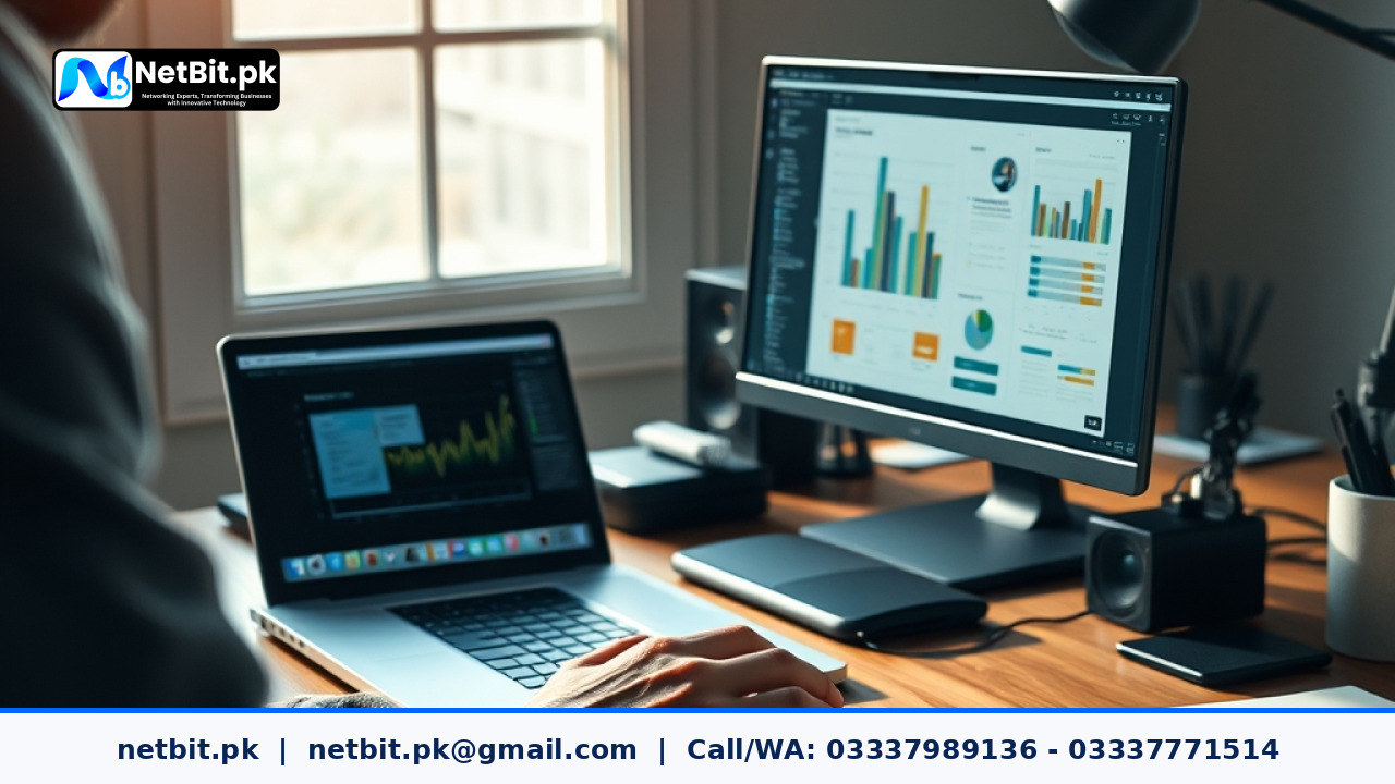Graphic designer working on vector branding assets in a modern office setup | NetBit Software House and Technology | netbit.pk
