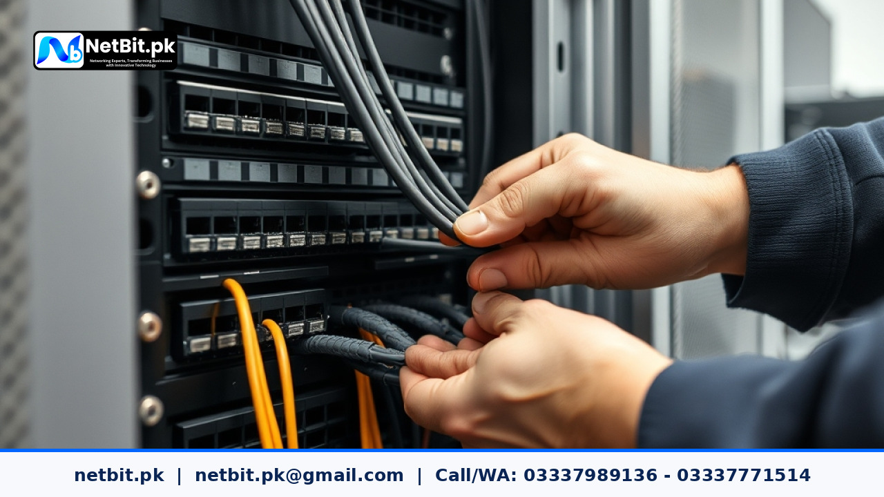 Network technician organizing cables and patch panels in an office rack | NetBit Software House and Technology | netbit.pk