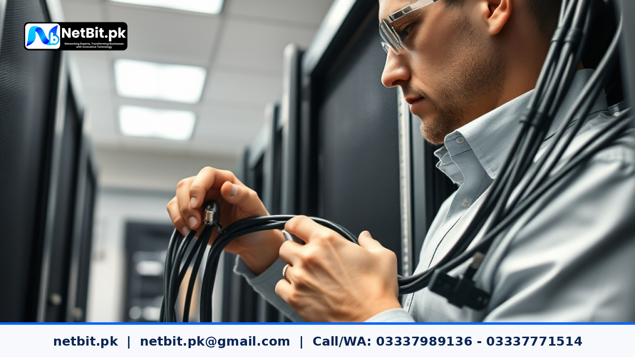 NetBit technician configuring professional office networking equipment and server racks | NetBit Software House and Technology | netbit.pk
