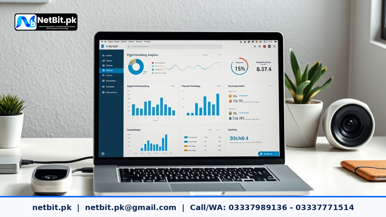 Professional digital marketer analyzing SEO performance on a laptop screen at a modern office desk | NetBit Software House and Technology | netbit.pk