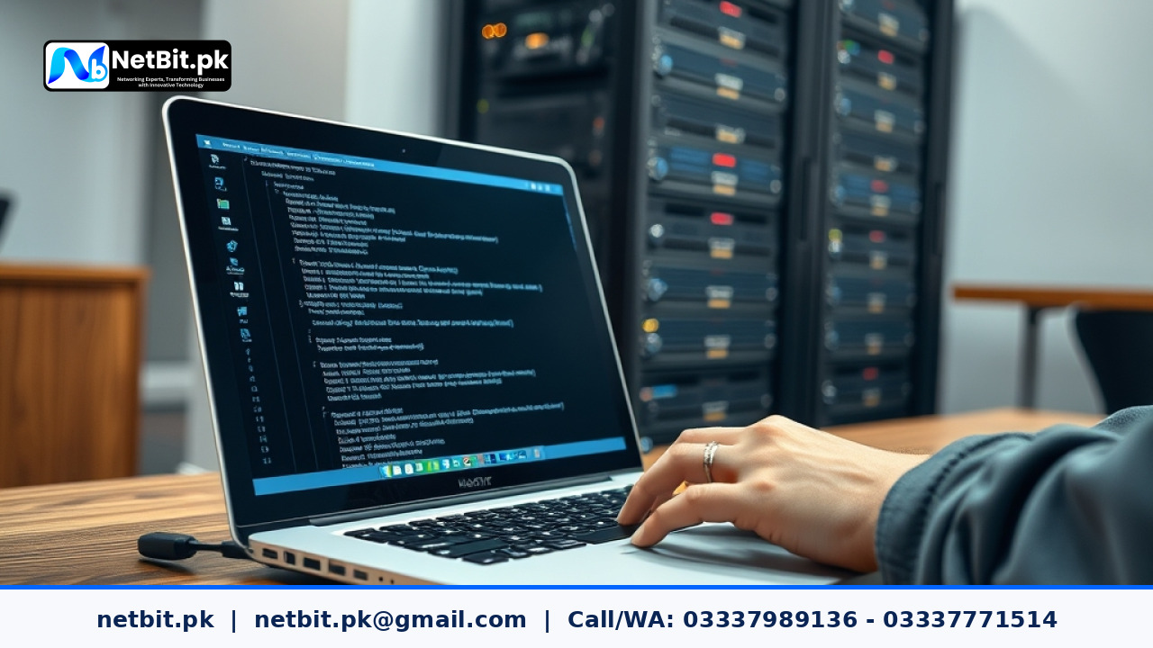 Software engineer configuring server deployment settings on laptop in modern office | NetBit Software House and Technology | netbit.pk