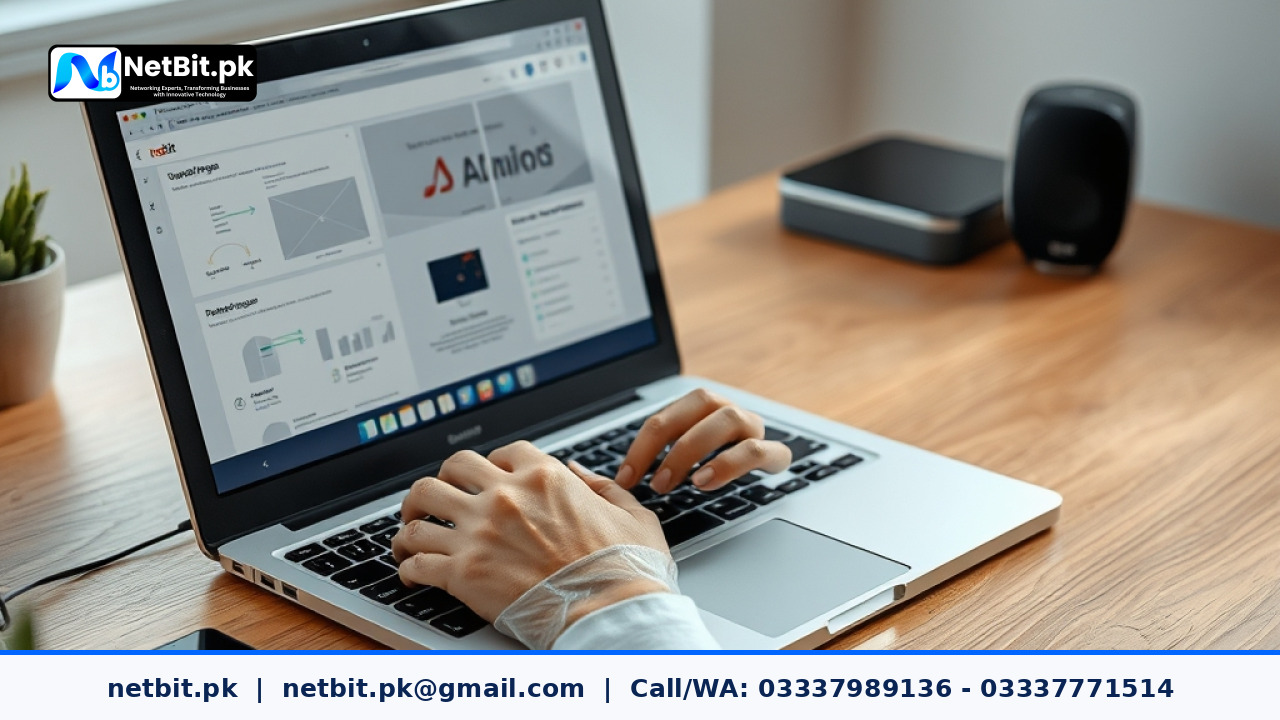 Web designer working on UI UX wireframes on a modern laptop in an office | NetBit Software House and Technology | netbit.pk