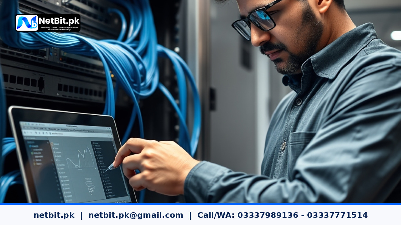 Network technician testing gigabit ethernet switch with laptop running diagnostic speed test