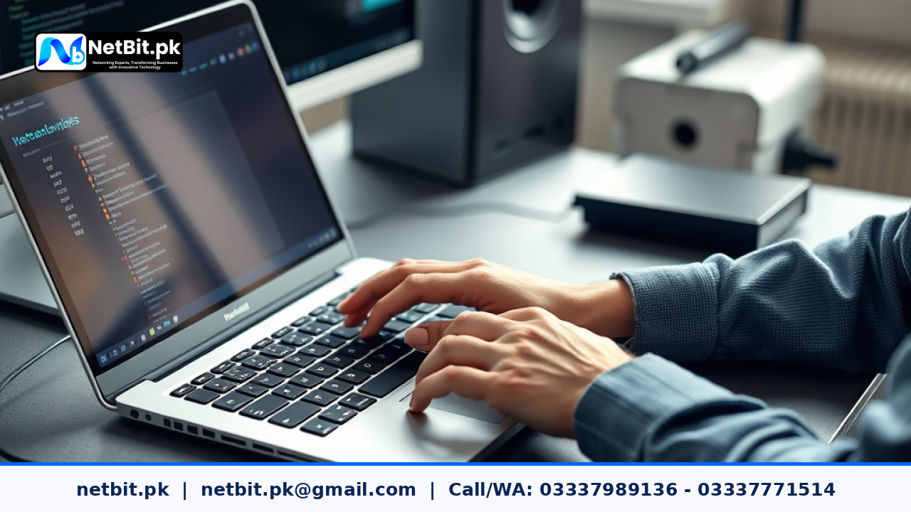 IT professional analyzing website performance metrics on an aluminum laptop in a modern Pakistani office setup.