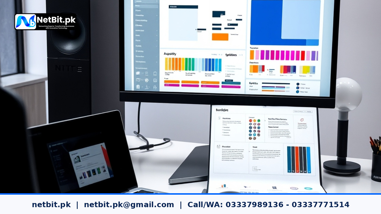 A modern graphic design workstation displaying digital brand guidelines, accessible color swatches, and application mockups on a desktop PC monitor.