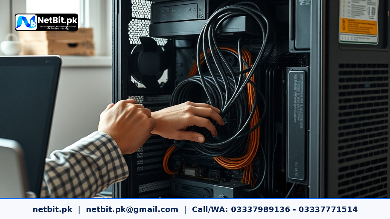 Professional technician assembling and configuring high-performance office computer workstations