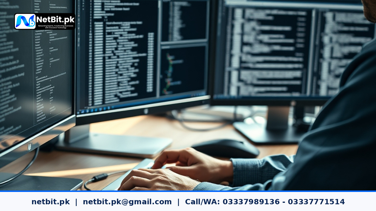 Software developer testing an automated conversational AI agent on a modern workstation in an office environment