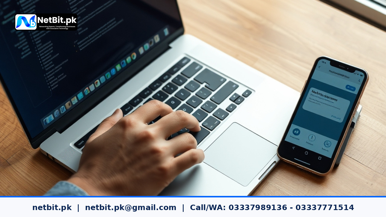 A professional developer working on AI agent integration on a laptop in a clean office environment | NetBit Software House and Technology | netbit.pk