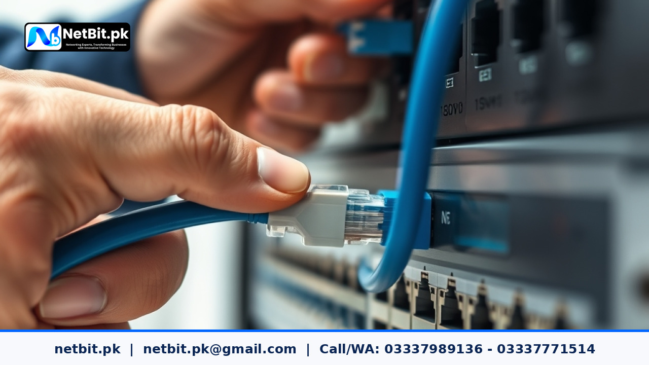 Technician hands holding a Cat6 cable and fiber patch cord near a network switch