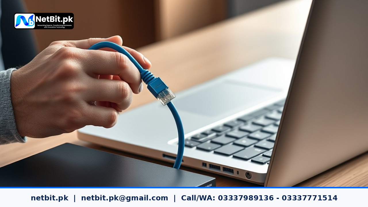 IT technician running a network speed test on an office laptop connected to an Ethernet router switch