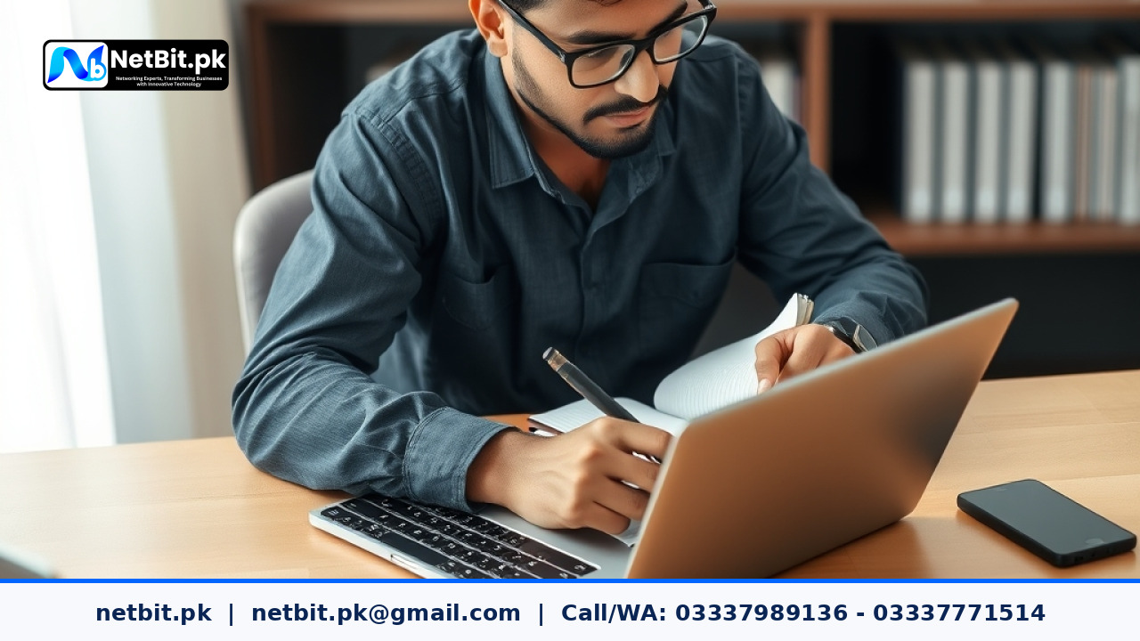 Pakistani technical strategist working on a laptop at an organized wooden office desk