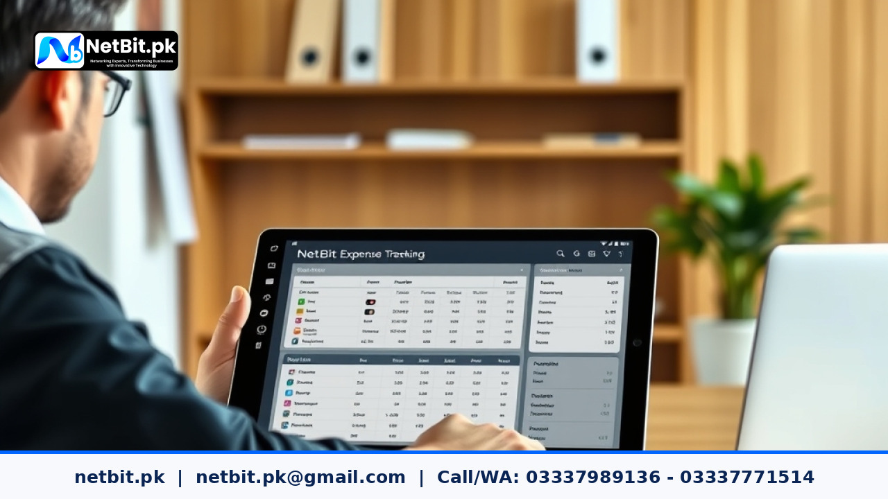Office manager verifying digital expense receipts and petty cash approvals on a modern tablet in a business office