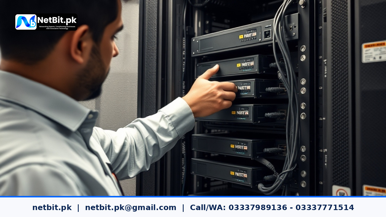 IT technician checking surveillance hard drives inside a CCTV Network Video Recorder rack in an office server room