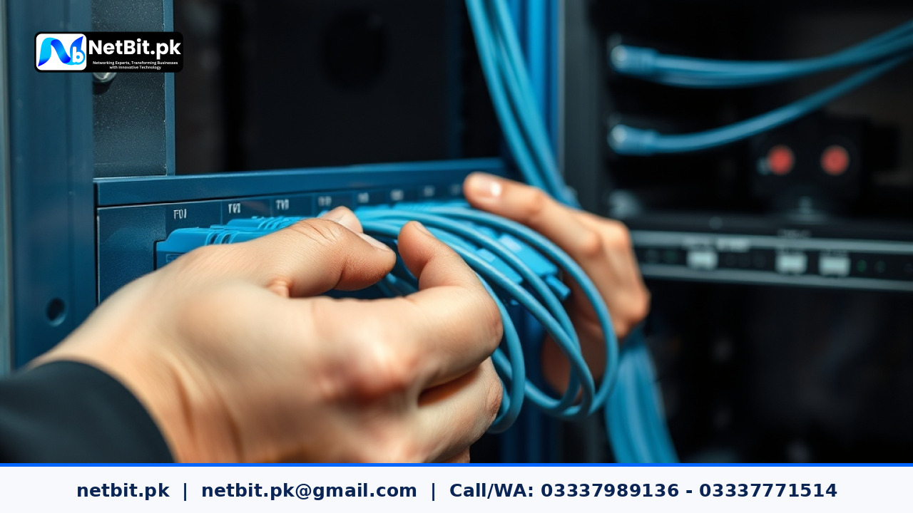 Network technician connecting Cat6 ethernet cables into a managed switch inside an office rack | NetBit Software House and Technology | netbit.pk