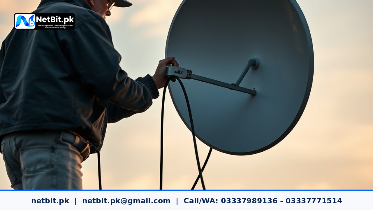 Network technician inspecting an outdoor wireless bridge antenna mounted on a building rooftop