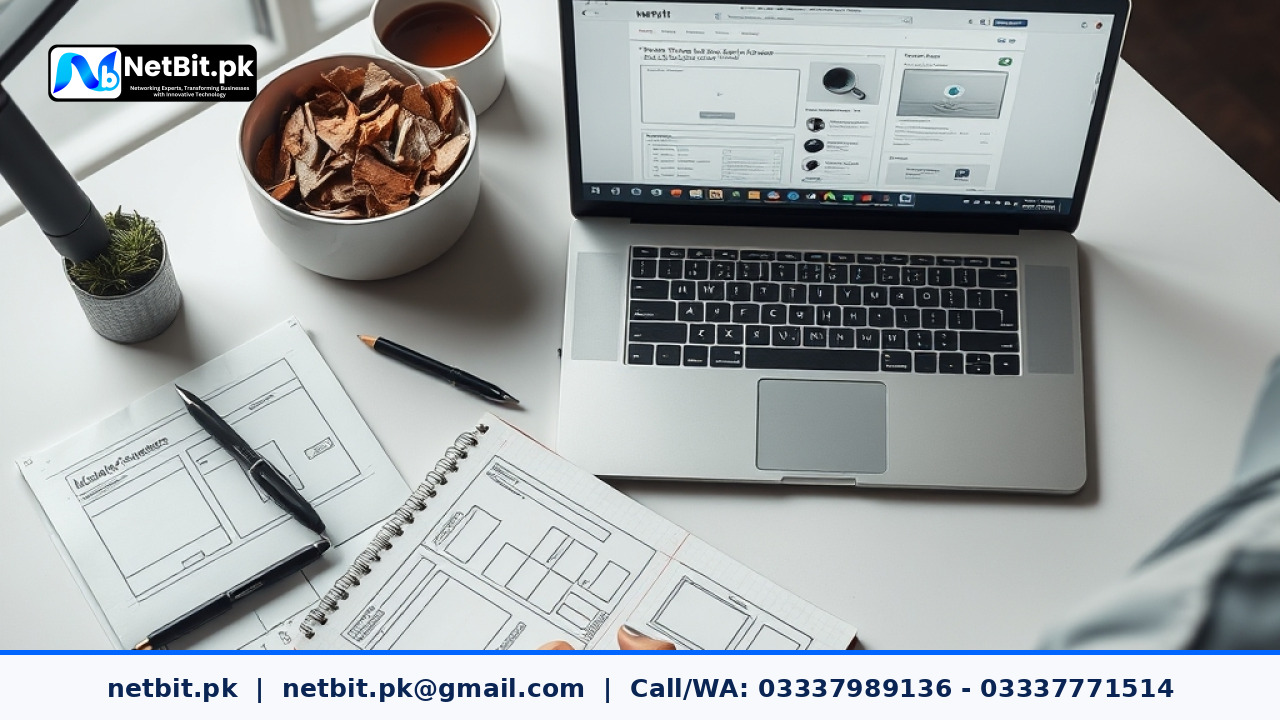 A designer sketching website header wireframes and planning navigation layout on a clean desk
