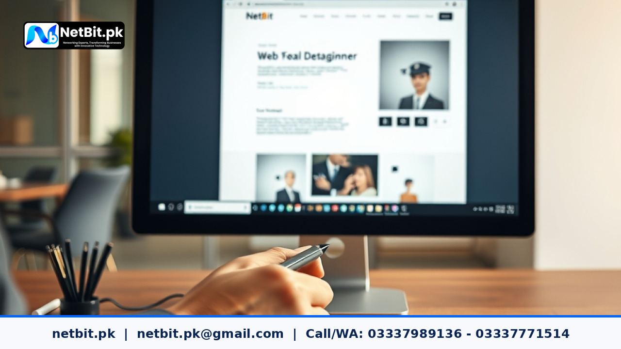 A professional web designer planning a clean website navigation layout on a computer screen.