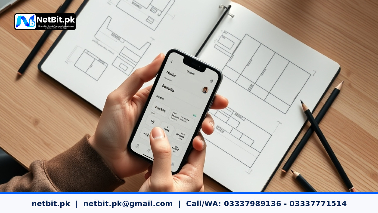Designer sketching mobile wireframes and testing UI layout on a smartphone at an office desk